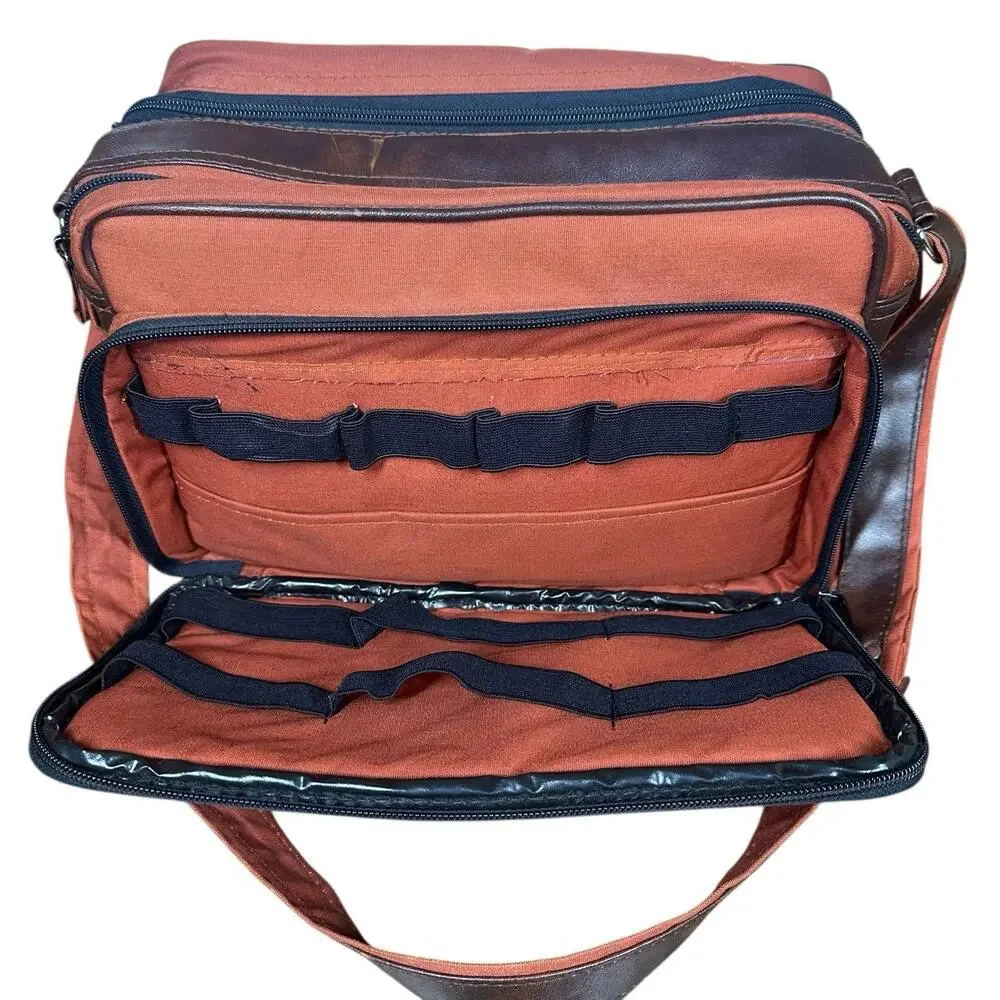 Vtg Camera Bag Orangish Brown Canvas Faux Leather Trim Padded Case Strap 12x7.5